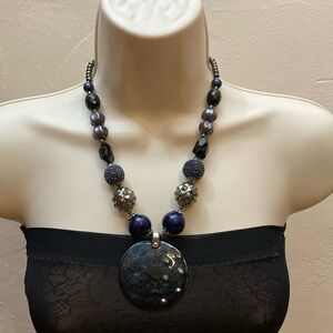 Celestial Glittery Blue Round Pendant Beaded Statement Necklace
